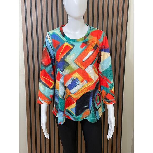 Ali Miles Women's PM Orange Blouse Polyester Tunic Abstract Artsy Boxy Oversized - Picture 1 of 7